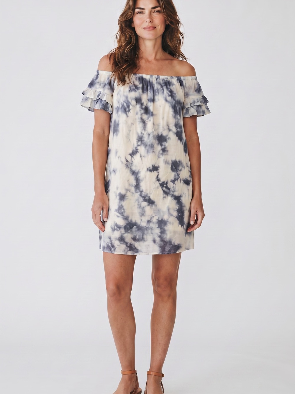 Love Squared Off-Shoulder Tie-Dye Dress in Cream and Navy